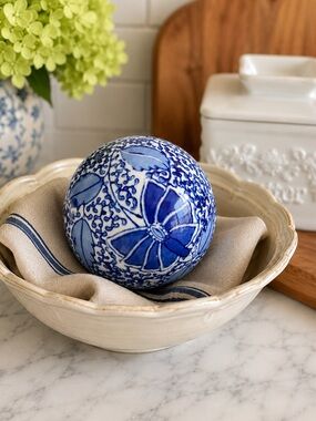Vintage Blue White Carpet Ball 4” Ceramic Orb Coastal Grandmillennial Decor